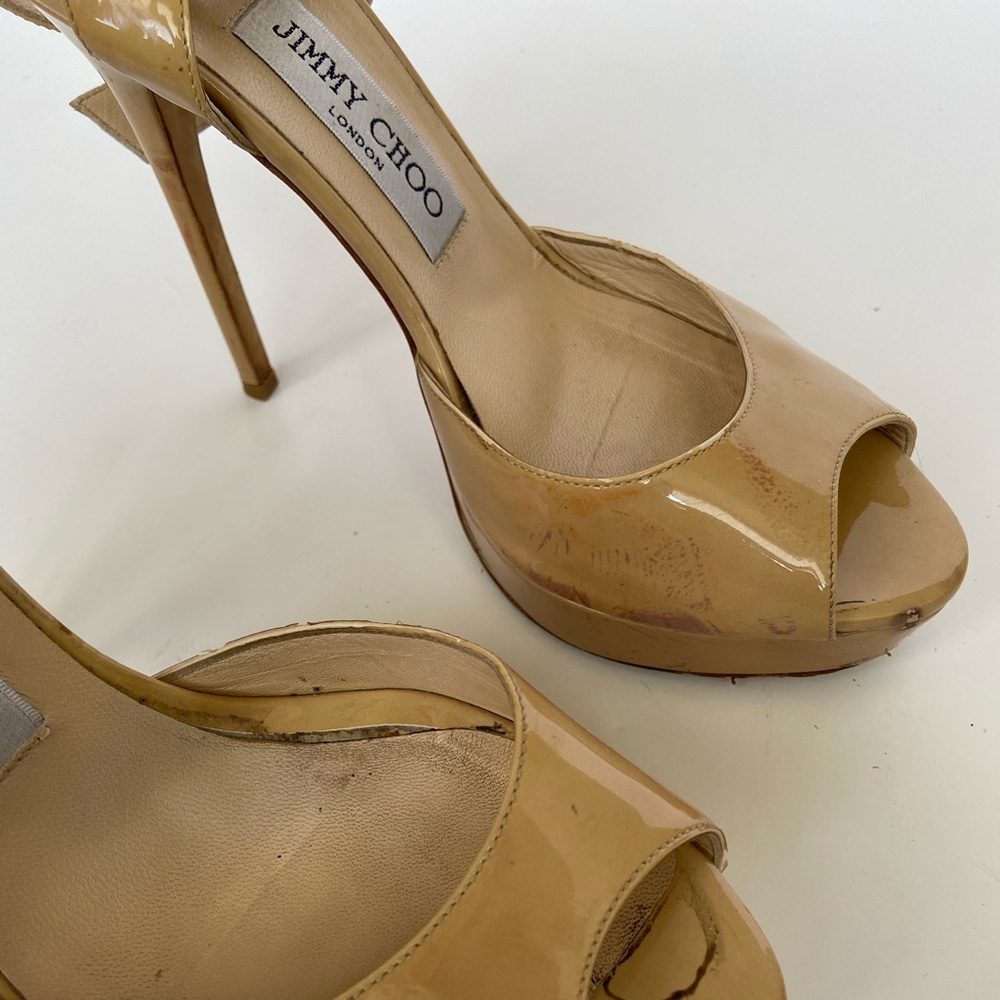 Jimmy Choo nude patent leather peep toe platform